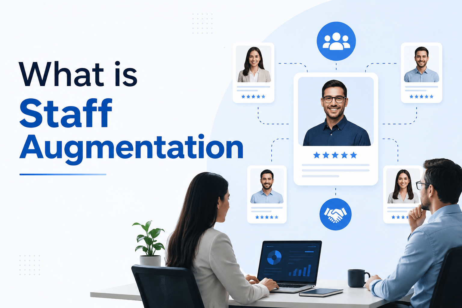 staff augmentation with business professionals reviewing connected talent profiles and building an extended remote team.